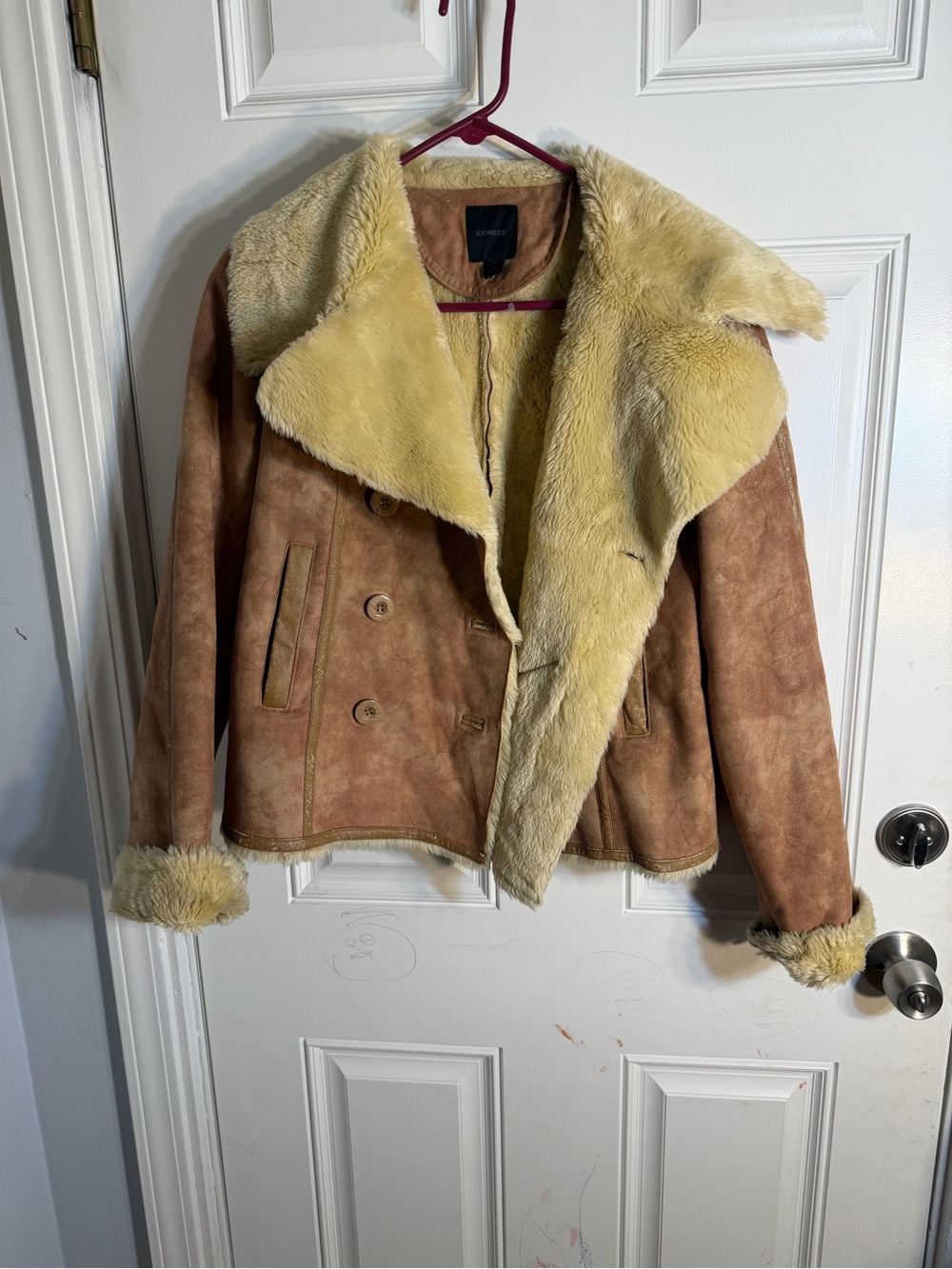 Express Suede Teddy Jacket in Tan with Cream Shearling Collar